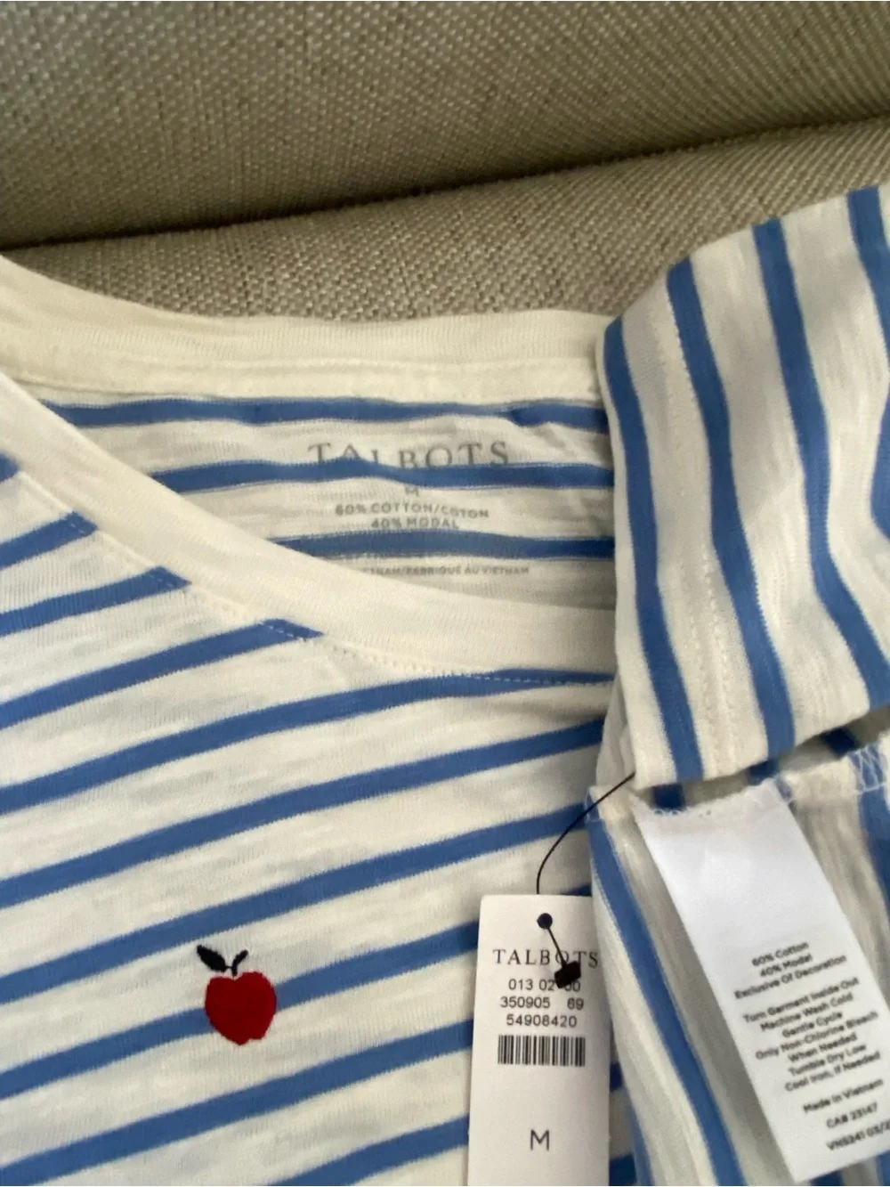 NWT Talbots Blue & White Striped Long-Sleeve Top with Red Apple Embroidery